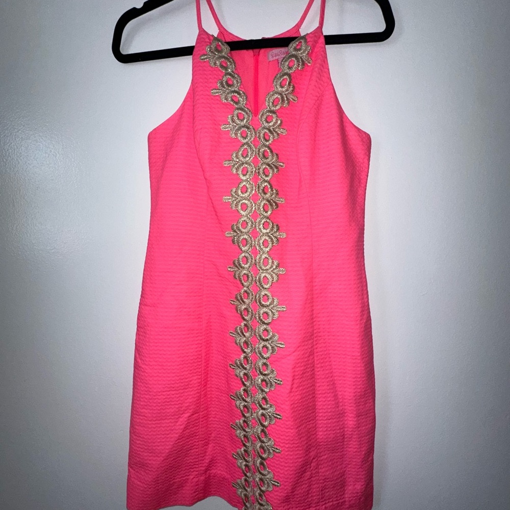 LILLY PULITZER SIZE 2. Elegant Pink Halter Dress with Gold Embroidery
